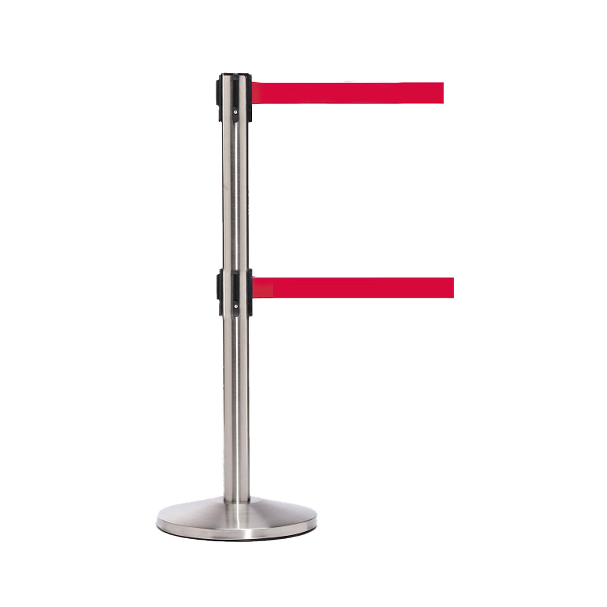 QueueMaster Twin Retractable Belt Barriers - Choose Form Three Post Finishes And 22 Tape Colours