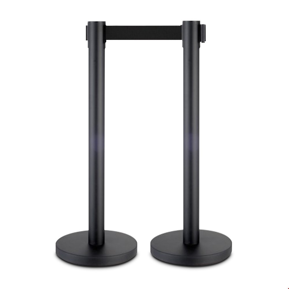 Retractable Queue Barriers. Multi-Directional Crowd Control Belt Barrier With 2m Retracting Belt. Black Steel Base And Stanchion Post With Black Rope Belts.