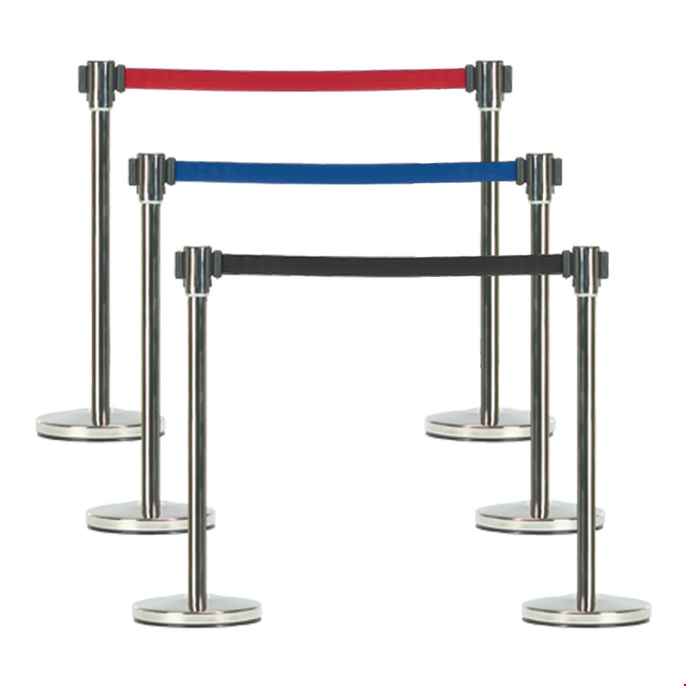 Retractable Belt Barriers With Silver Post. Three Safety Belt Colours. Ideal For Pedestrian Guidance, Safe Social Distancing & Queue Management. Fast UK Delivery. 