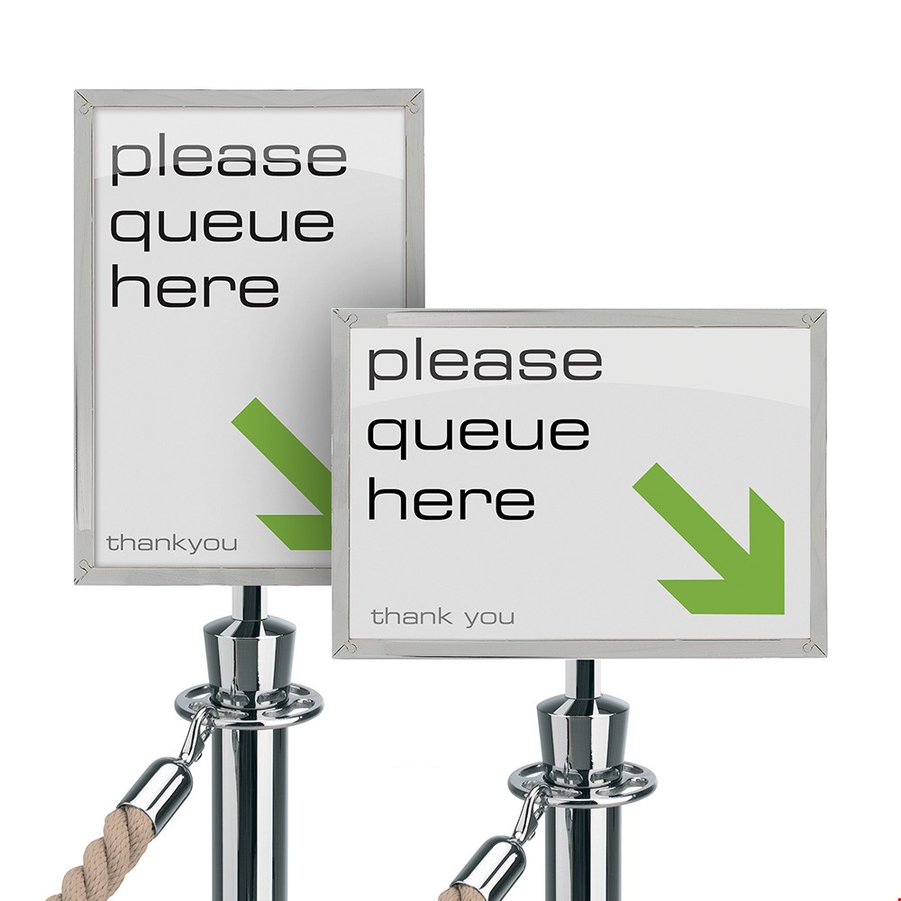 Tensabarrier® Sign Holders for Rope and Pole Barriers and Queue Management Systems. Metal Poster Holder for A4 or A3 Posters in Portrait or Landscape. 