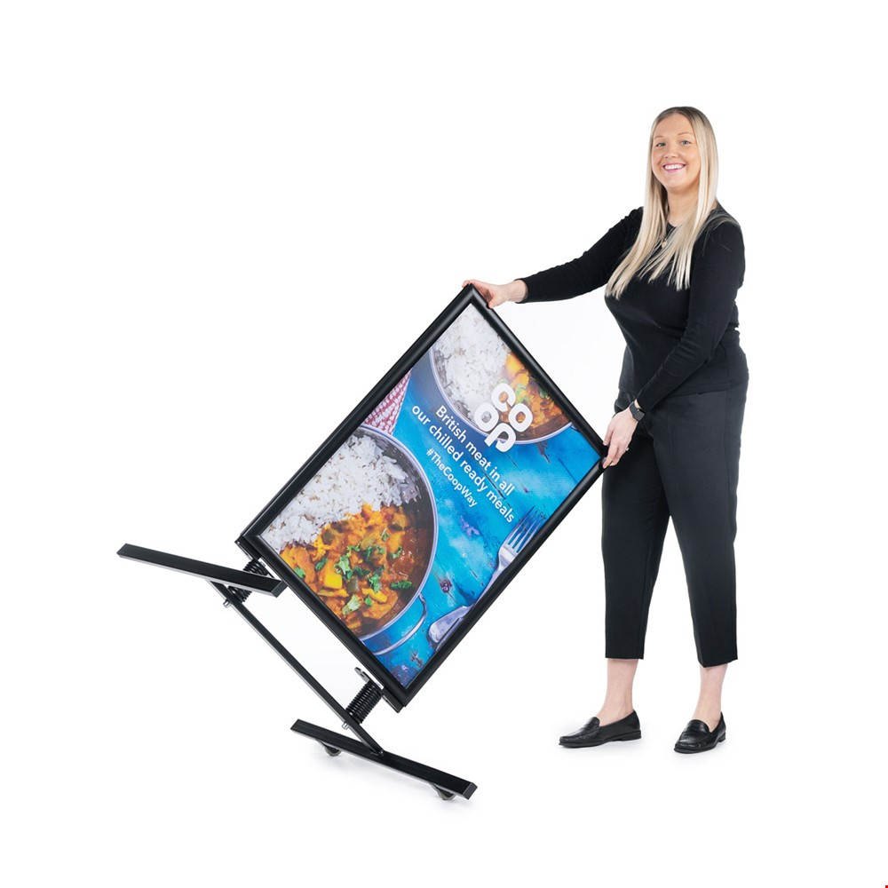 SIDEWALKER® Outside Shop Swing Sign Board Has Portable Wheels For Easy Movement
