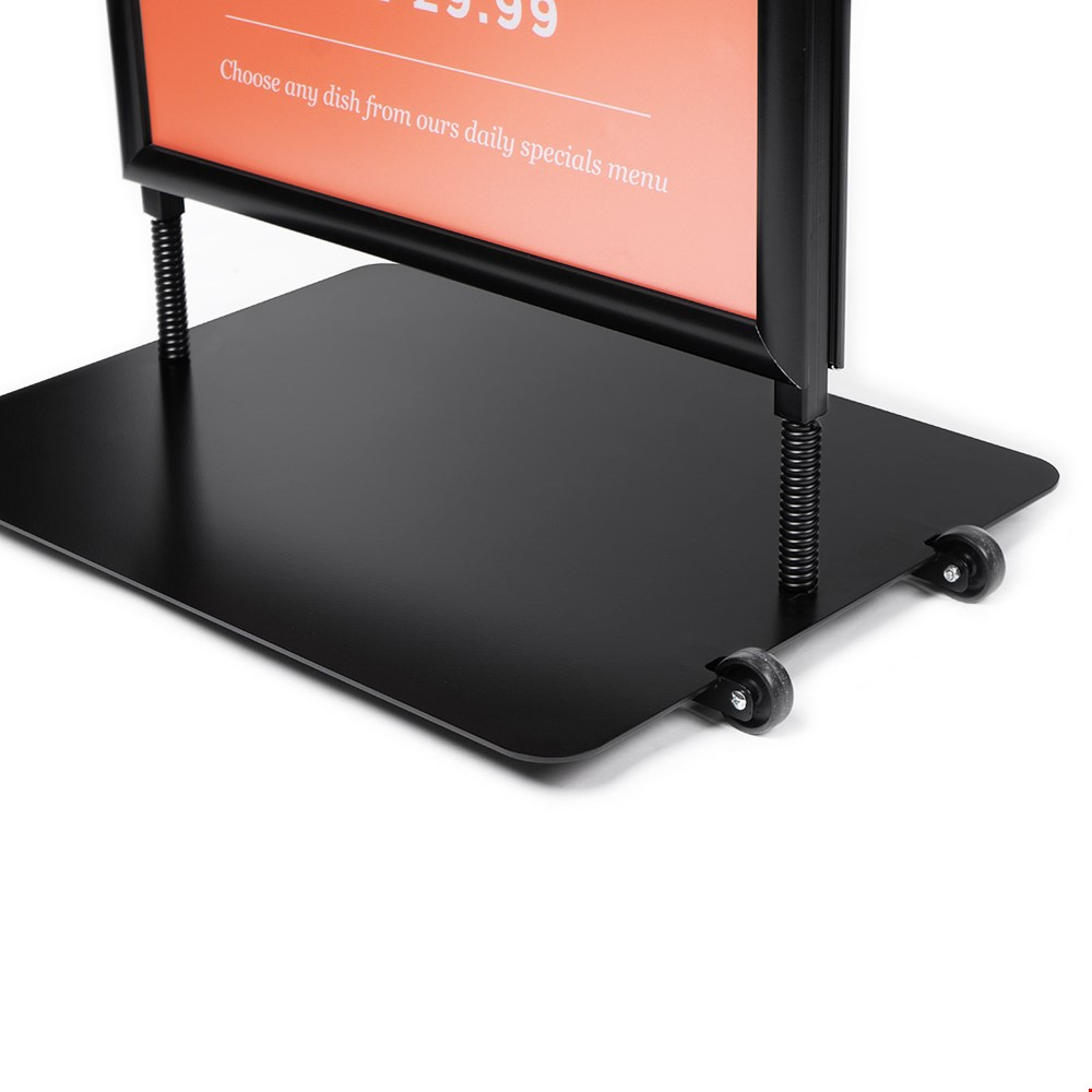 SIDEWALKER® Rolling Outdoor Swing Pavement Sign Has A Metal Base Plate With Portable Wheels