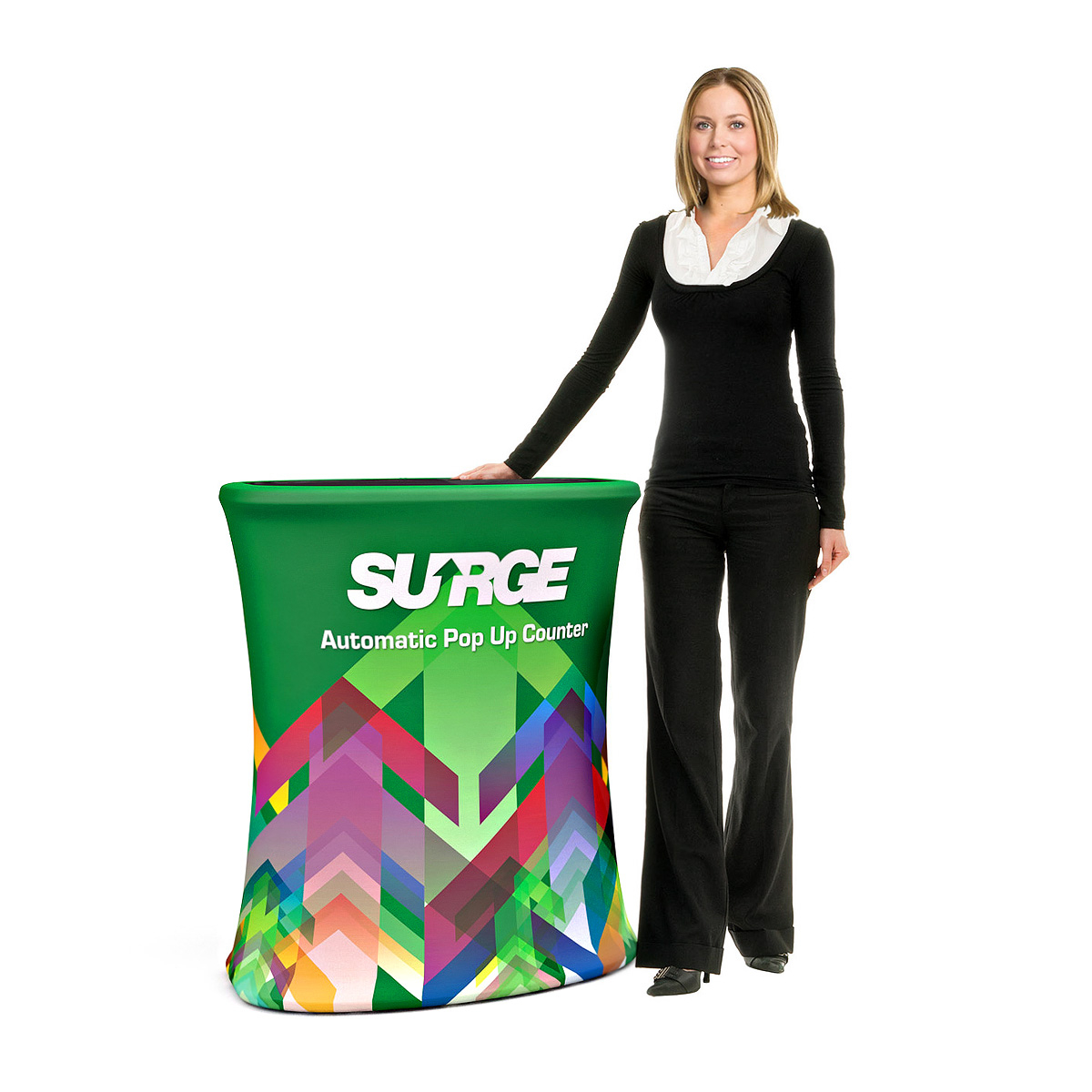 SURGE® Pop Up Counter is an Automatic Rising Promotional Counter Display. Gently Lift the Podium Countertop and it Automatically Rises in Seconds - With Textile Graphics Installed. Includes Custom Printed Tension Fabric Graphics and Premium Carry Case.