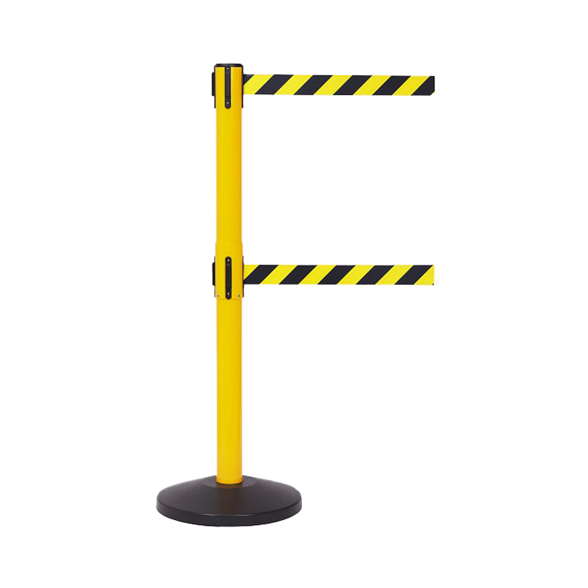 SafetyMaster Dual Belt Safety Barriers Yellow Post With Chevron Webbing