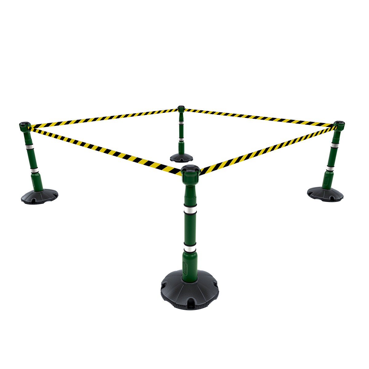 Skipper Barrier Systems 36m With Green Stanchions And Black/Yellow Chevron Retracting Webbing