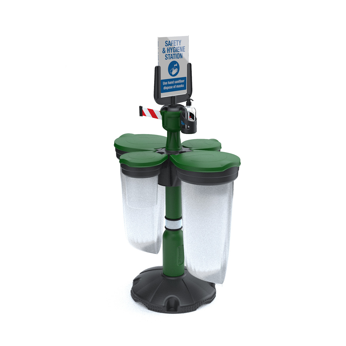 Skipper Retractable Belt And Safety Station 2 With Green Stanchion Post And Recycling Bins And Dispensers