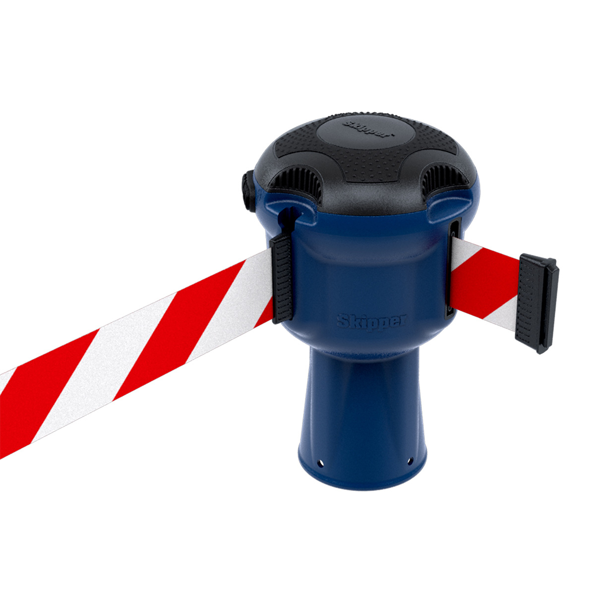 Skipper™ Retractable Safety Barrier With Blue Unit And Red White Chevron Tape
