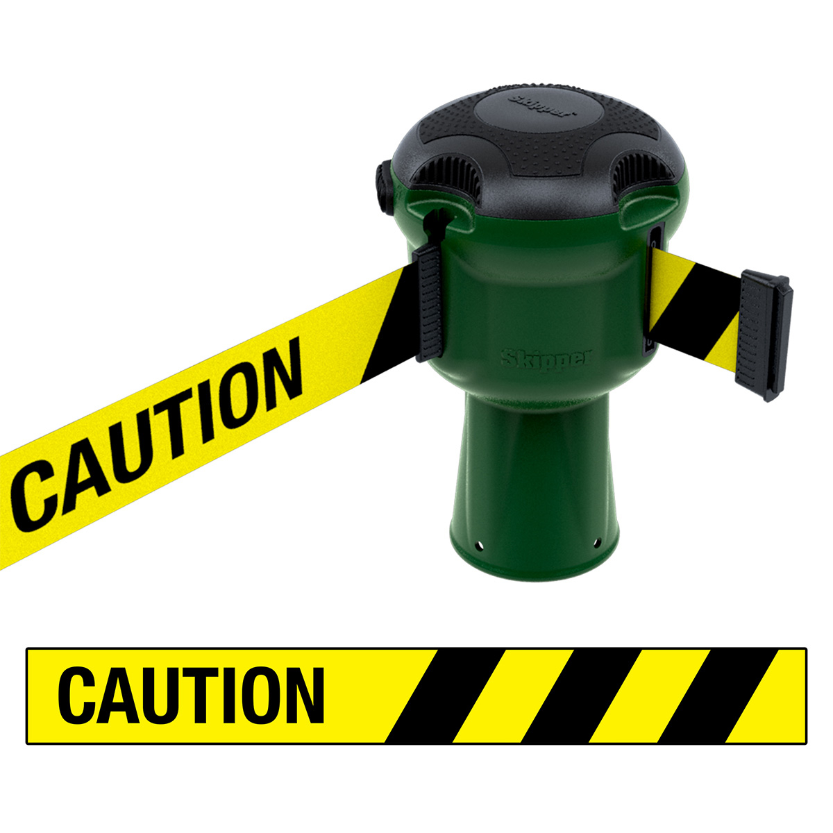 Skipper™ Retractable Safety Barrier in Green With Printed Caution Massage on Webbing Tape