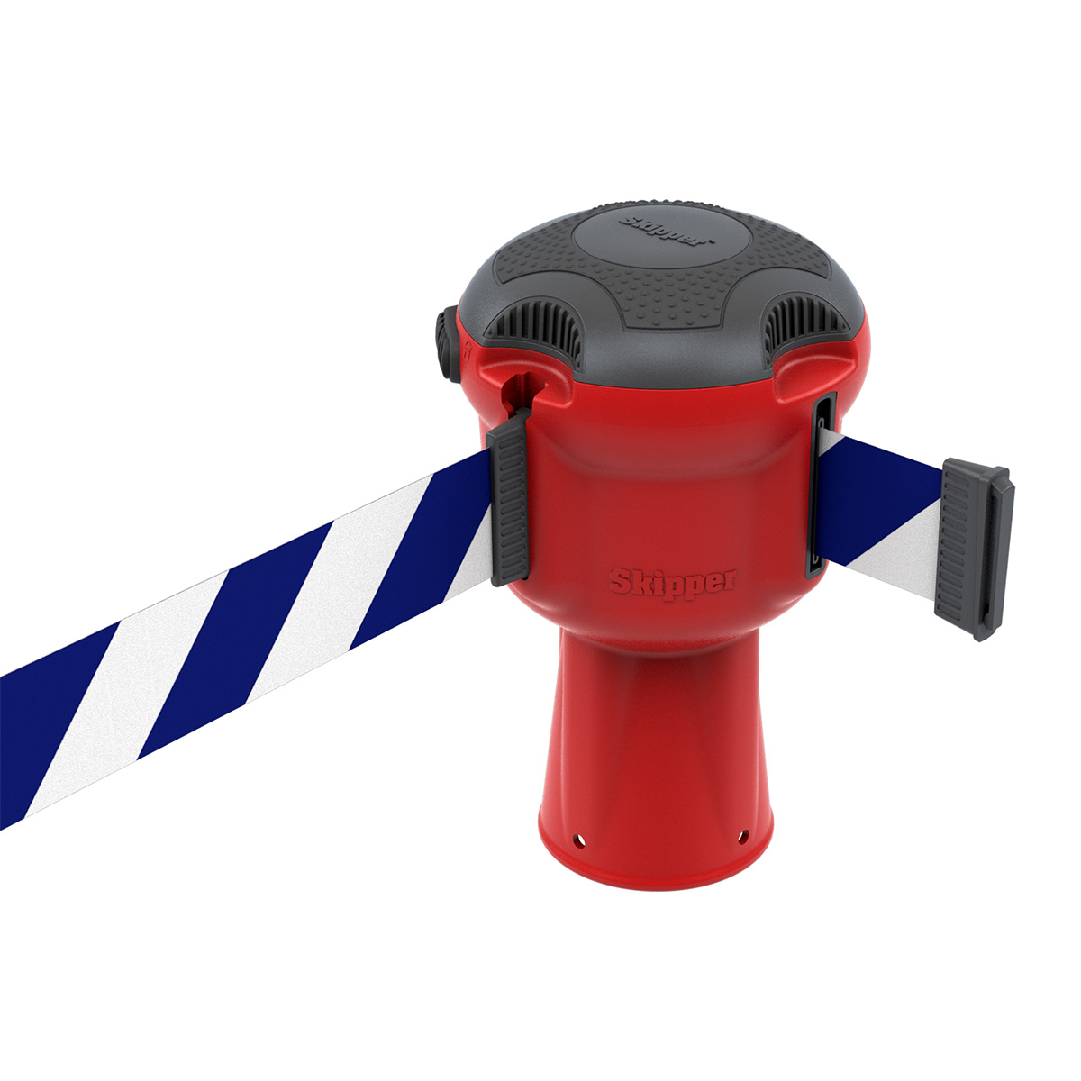 Skipper™ Retractable Safety Barrier in Red With Blue And White Chevron Tape