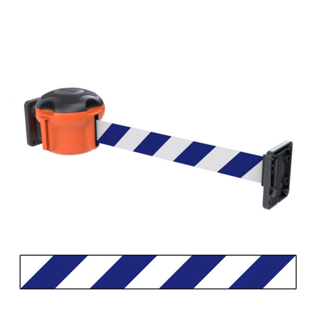 Skipper Wall Mounted Retractable Barrier Kit 9m With Standard Tape End - Blue And White Chevron Tape 