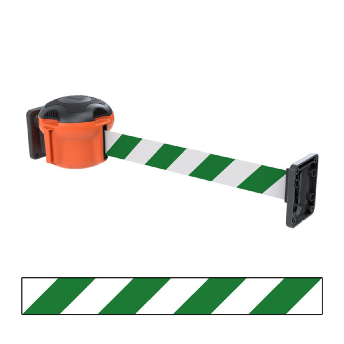 Skipper Wall Mounted Retractable Barrier Kit 9m With Standard Tape End - Green And White Chevron Tape 
