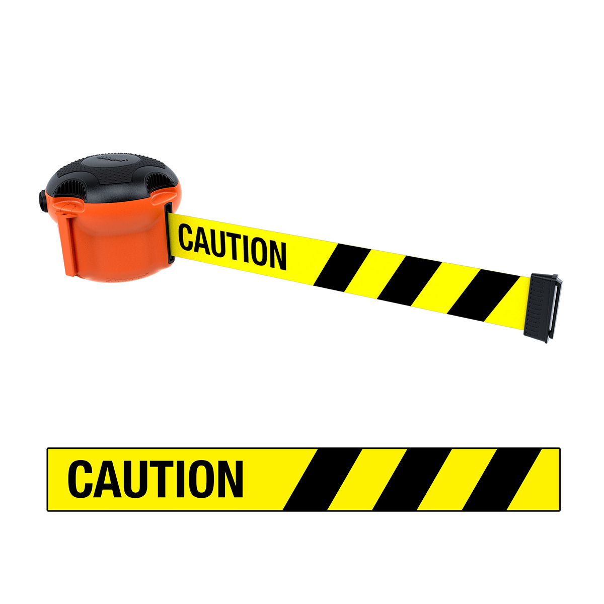 Skipper XS Retractable Belt Barrier In Orange With Black And Yellow Caution Message Barrier Tape