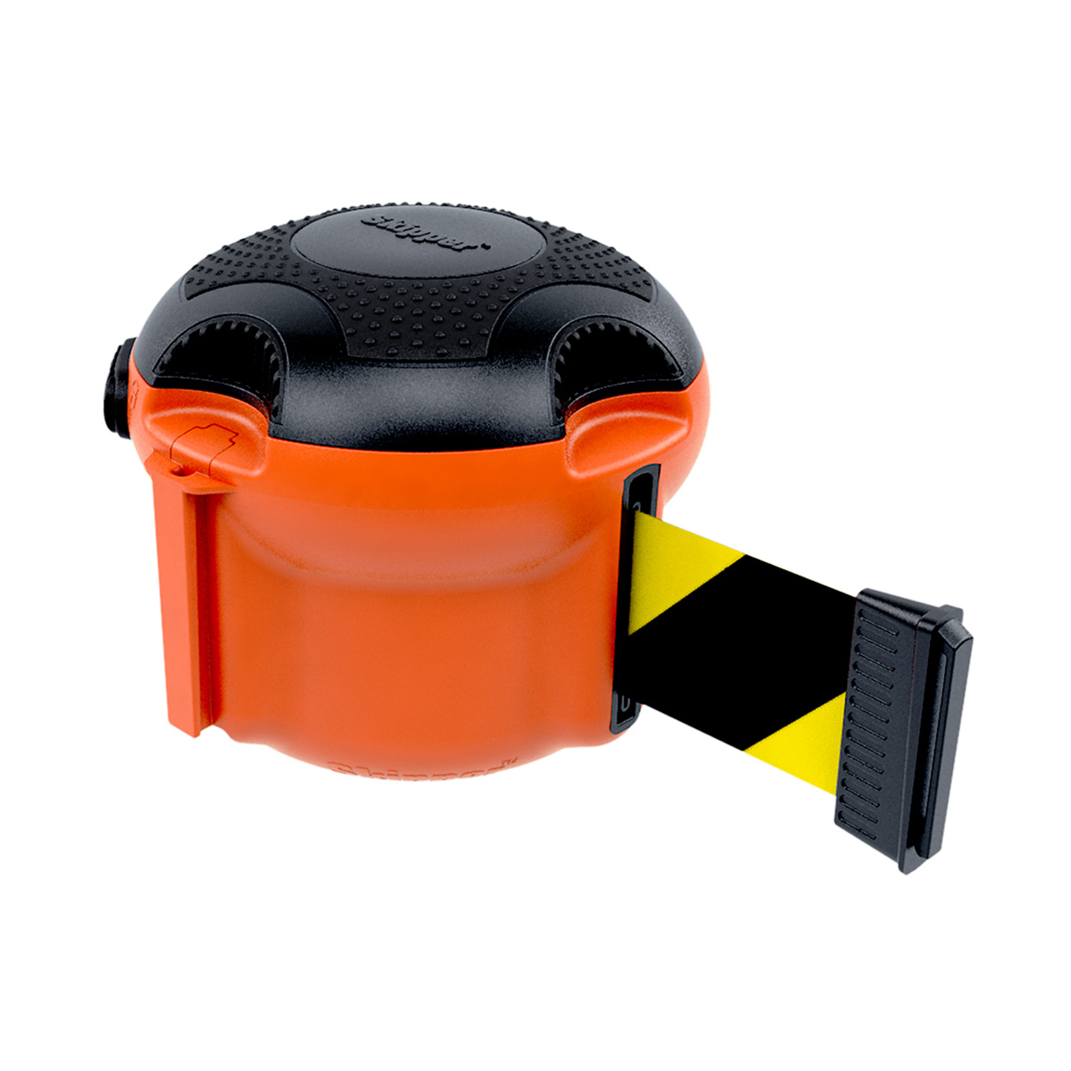Skipper XS Retractable Belt Barrier In Orange With Black And Yellow Chevron Tape