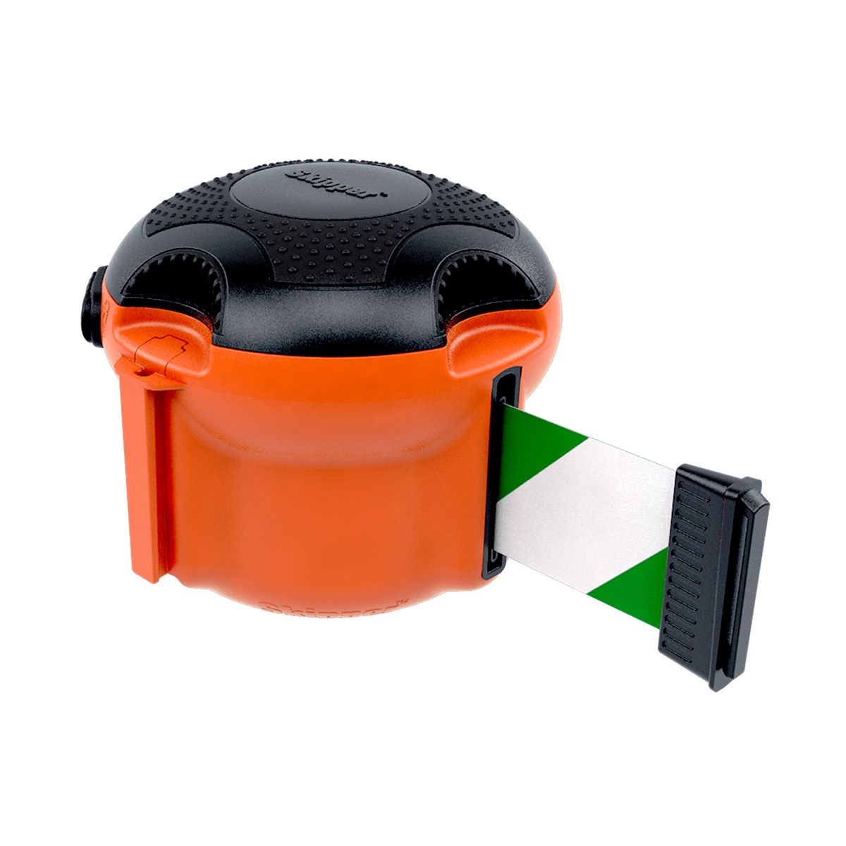 Skipper XS Retractable Belt Barrier In Orange With Green And White Chevron Tape
