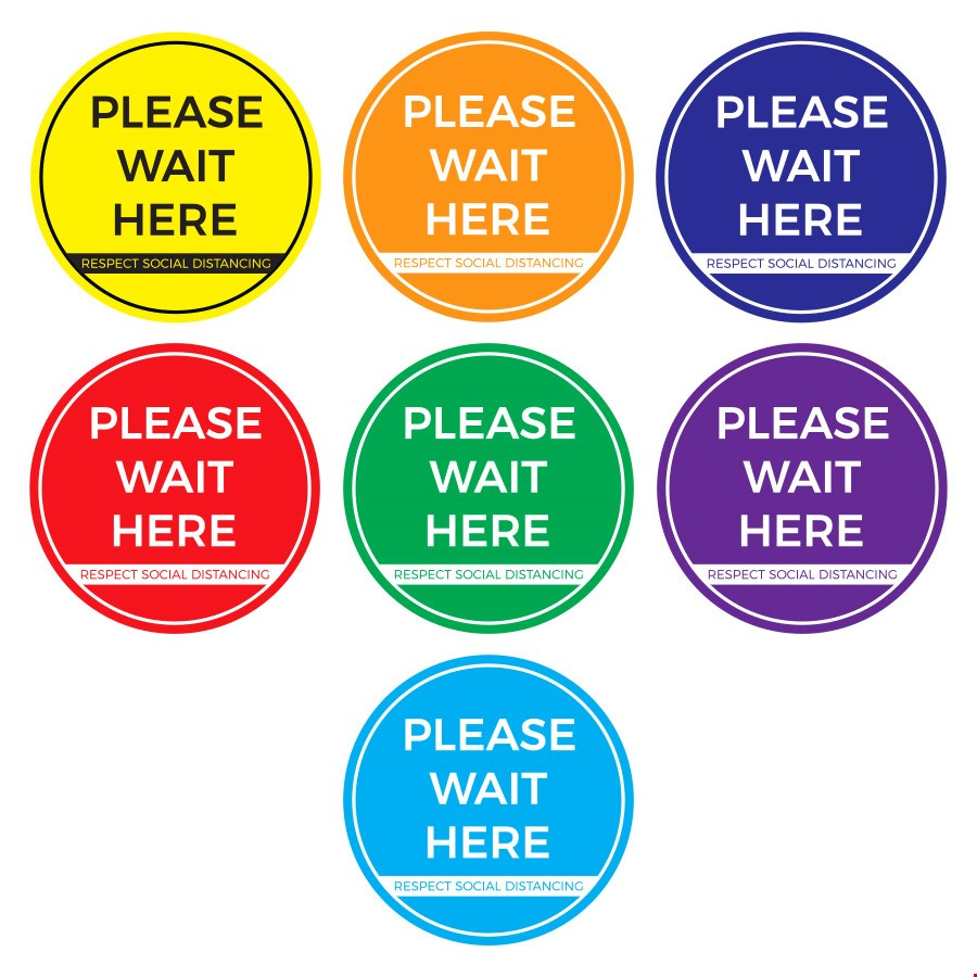 Social Distancing Anti-Slip Floor Stickers For COVID19 Safe Messages - ROUND Please Wait Here Design