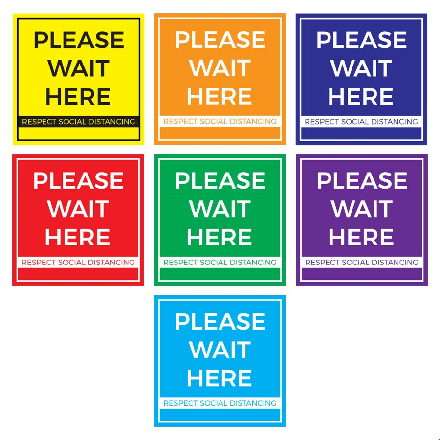 Anti-Slip Social Distancing Floor Stickers With Pre-Printed Safety Messages - SQUARE Please Wait Here Design