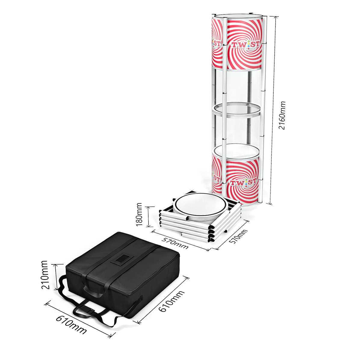 Dimensions of Twisting Display Tower Exhibition Showcase Cabinet.