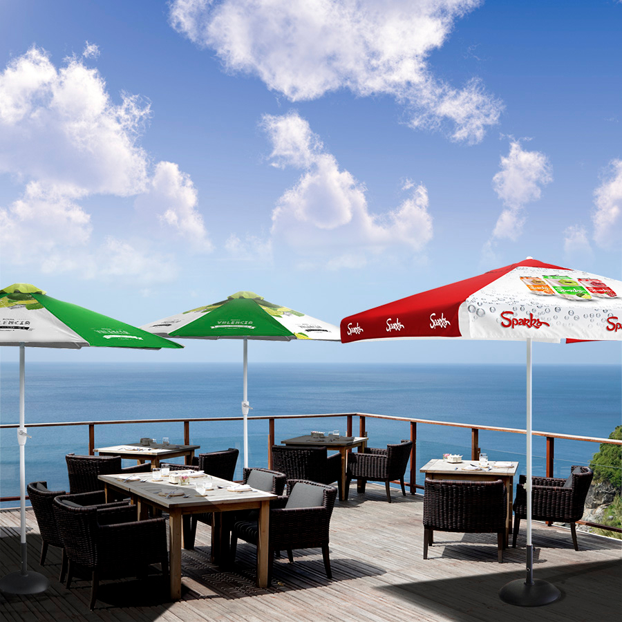 Square and Round Branded Parasols in Use
