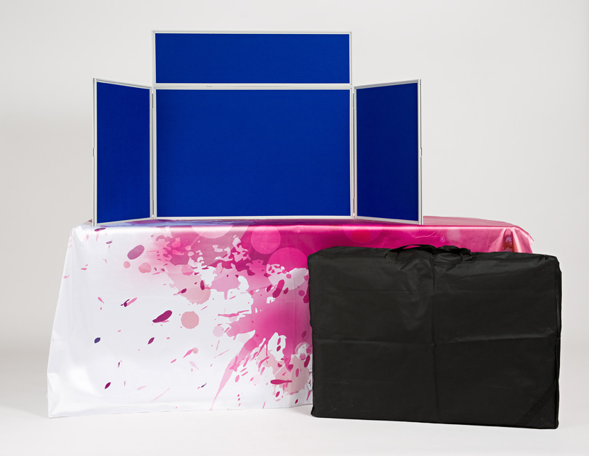 Table top display board. Custom table cloths available from XL Displays