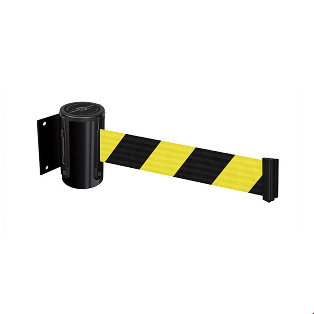 Tensabarrier® Heavy Duty Wall Mount Retractable Barrier With Yellow/Black Chevron Webbing