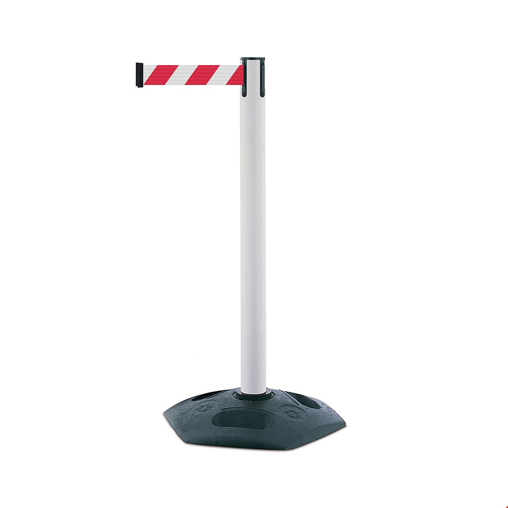 Tensator® Facility Belt Barrier System With White Post And White/Red Chevron Webbing