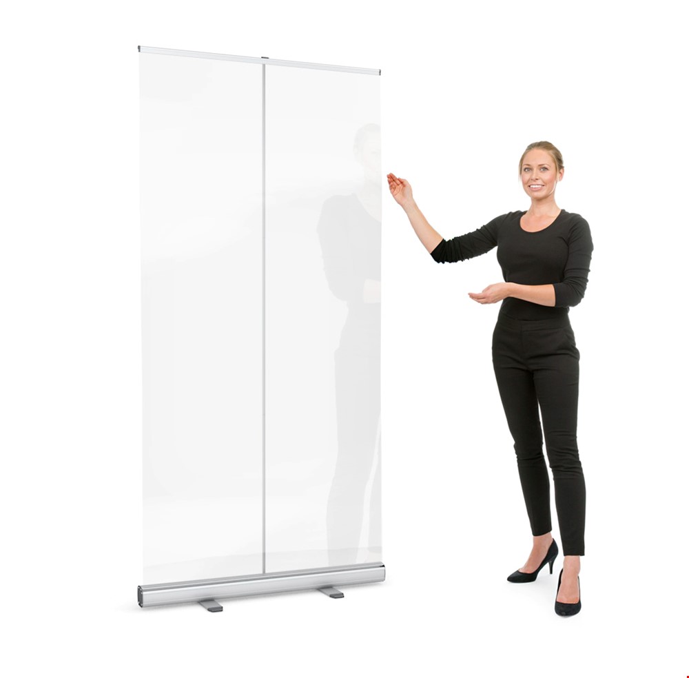 Transparent Protective Screen Roller Banner UK. Fast and Effective Solution to Form a Hygienic Barrier Between Staff and Customers. 1m (W) x 2m (H) Clear Roller Banner Screen.