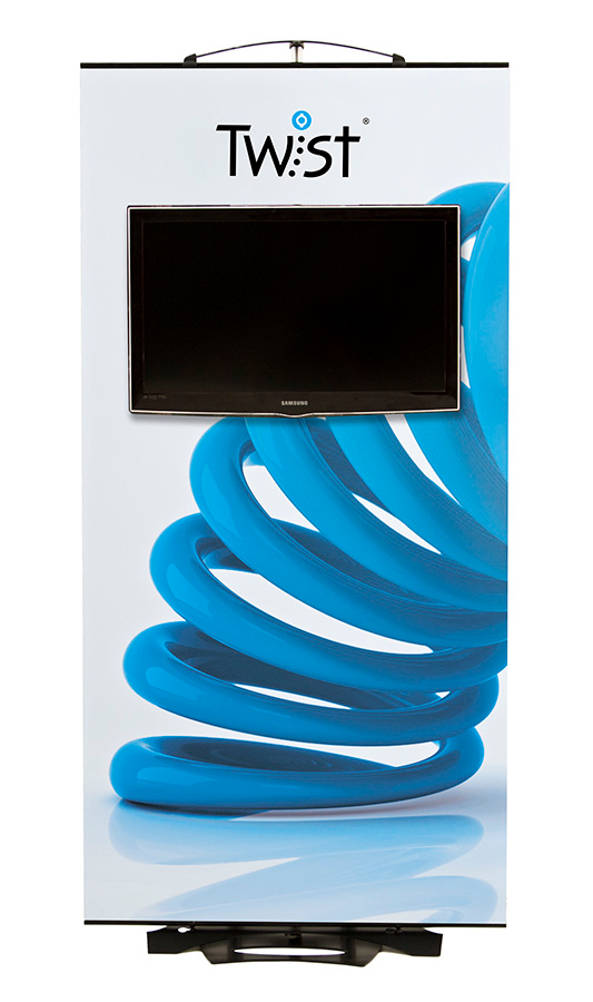 Twist AV stand can be used with existing Twist banner hardware & will hold screens 21-50 inches or up to 18kg. Robust & sturdy can be used freestanding. 