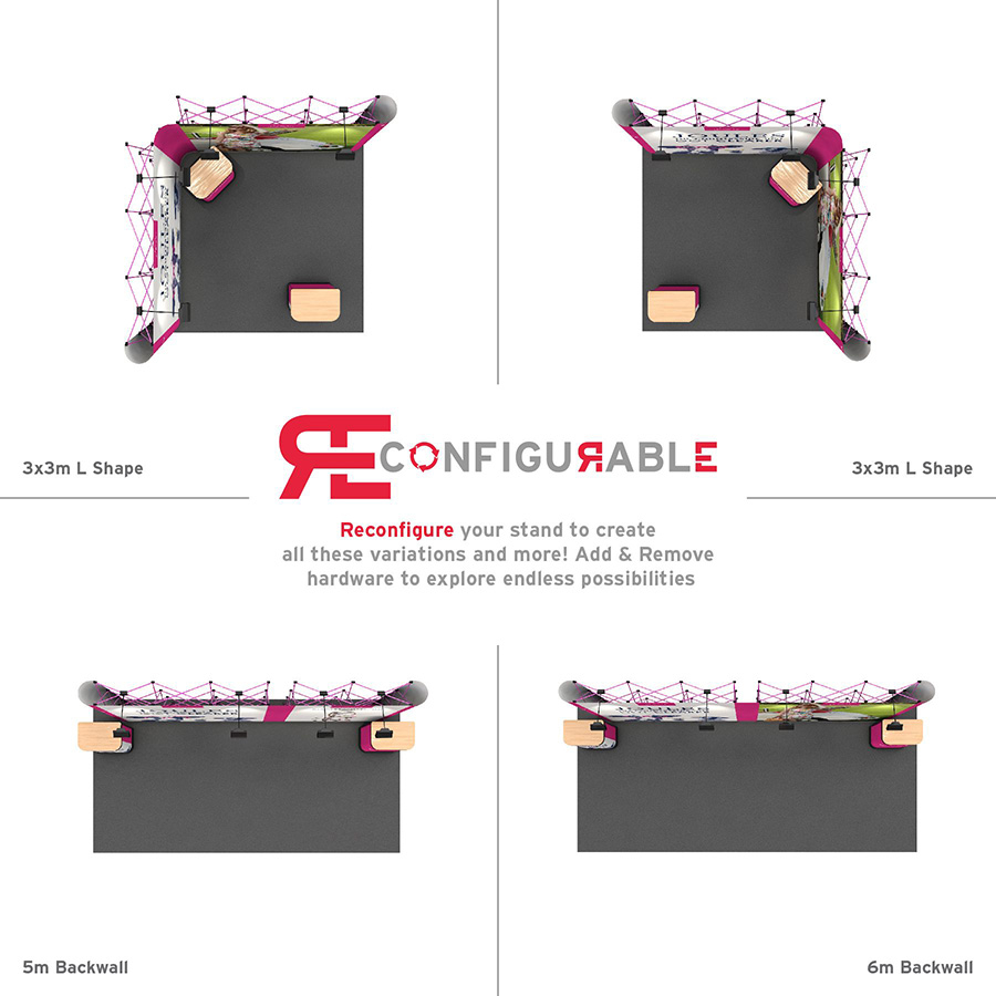 Create upto 4 Different Linked Pop Up Exhibition Stands Using The Same Hardware - Simply Reconfigure For a Different Look