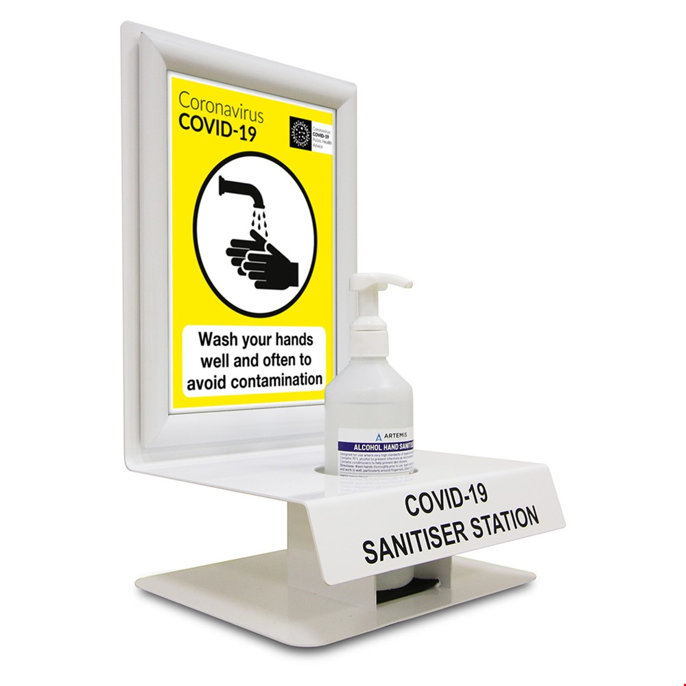 Desk And And Wall Mounted Hand Sanitiser Dispenser With A4 Snap Poster Frame