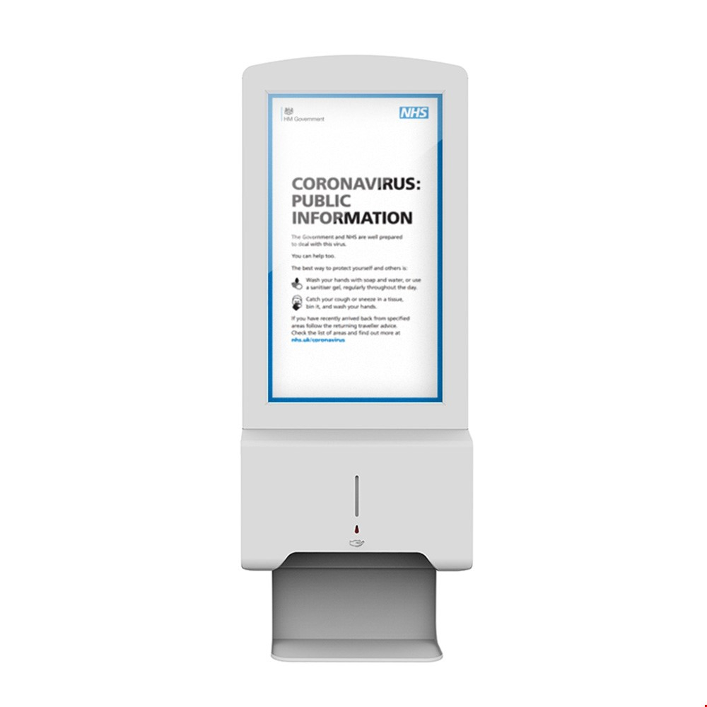 Wall Mounted Automatic Hand Sanitising Stands With Digital LCD Display Screen & Integrated Speakers Front View