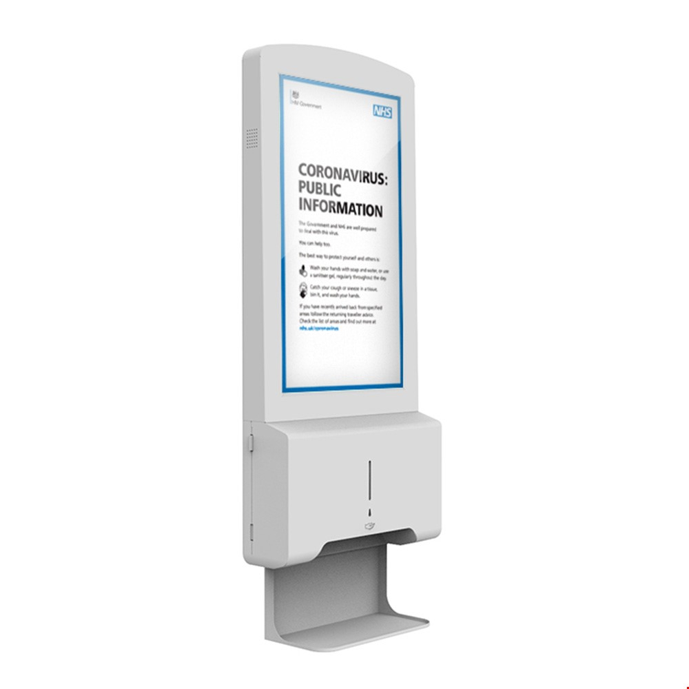 Wall Mounted Automatic Hand Sanitising Stands With Digital LCD Display Screen & Integrated Speakers Side View