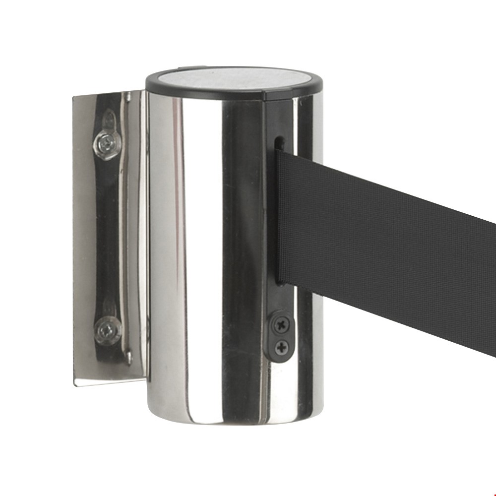 Wall Mounted Retractable Belt Barriers. Black Belt Colours With Silver Cassette. Ideal For Pedestrian Guidance, Safe Social Distancing & Queue Management. Fast UK Delivery.