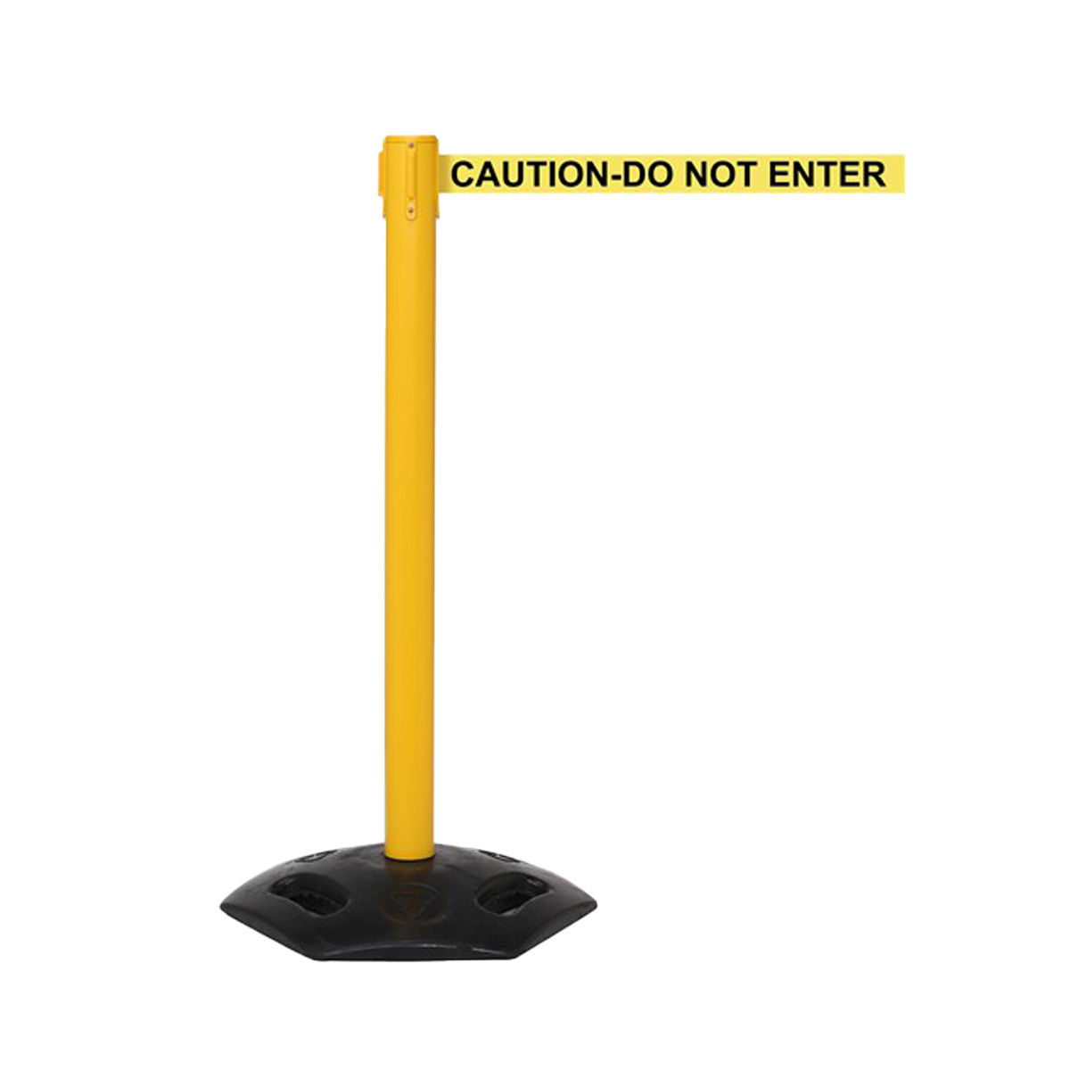 WeatherMaster Outdoor Retractable Crowd Barriers Yellow Post With Printed Safety Message Belt