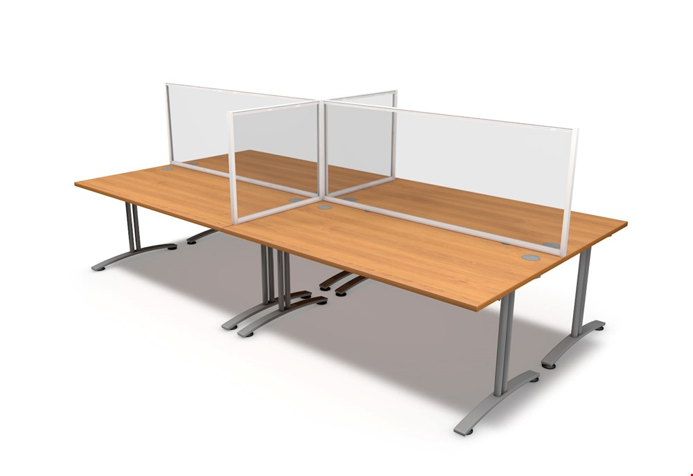 White Framed Clear Perspex Glass Desk Dividers That Create Separate, Hygienic Workspaces Workstations
