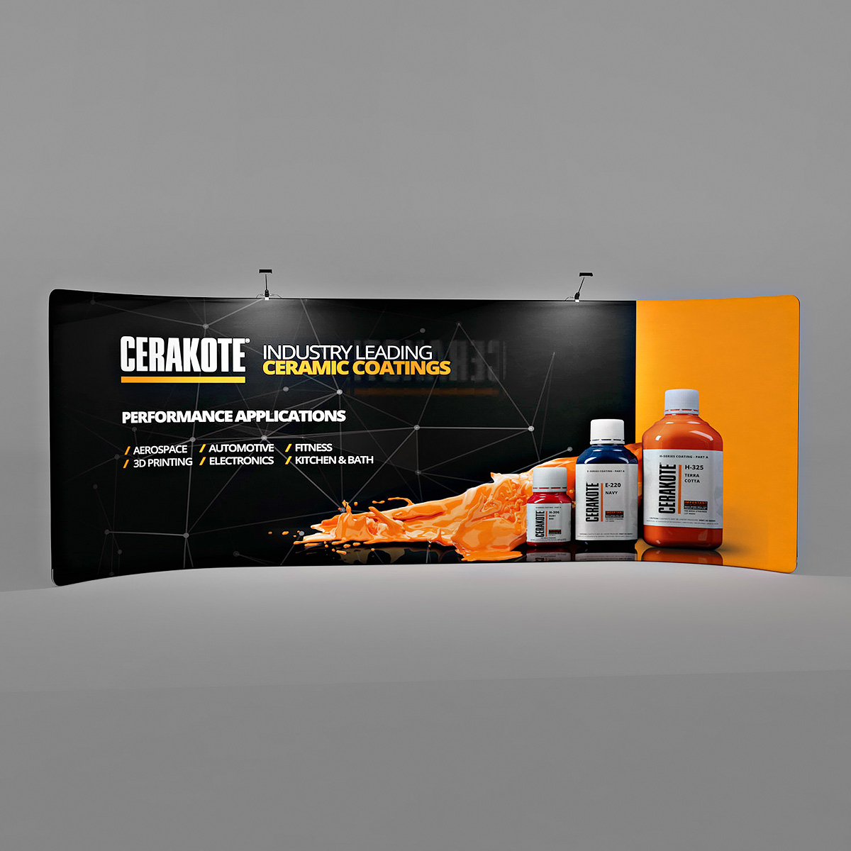 Optional LED Lights Installed Illuminated Tension Fabric Display Stand Curved 6m Wall. XL FABRIWALL®