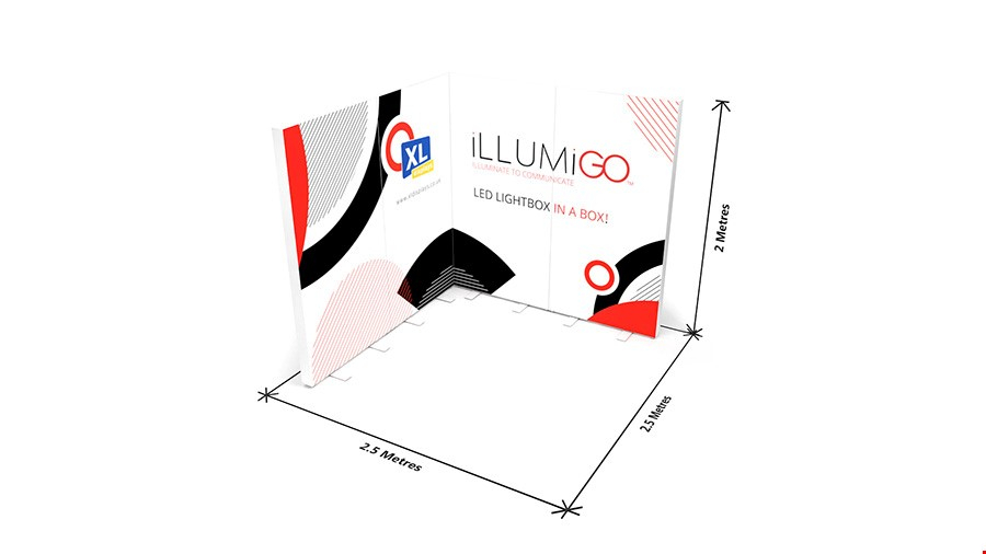 iLLUMiGO™ 2x2 L-Shape Lightbox Display Dimensions - Ideal for 2.5m x 2.5m Exhibition Spaces