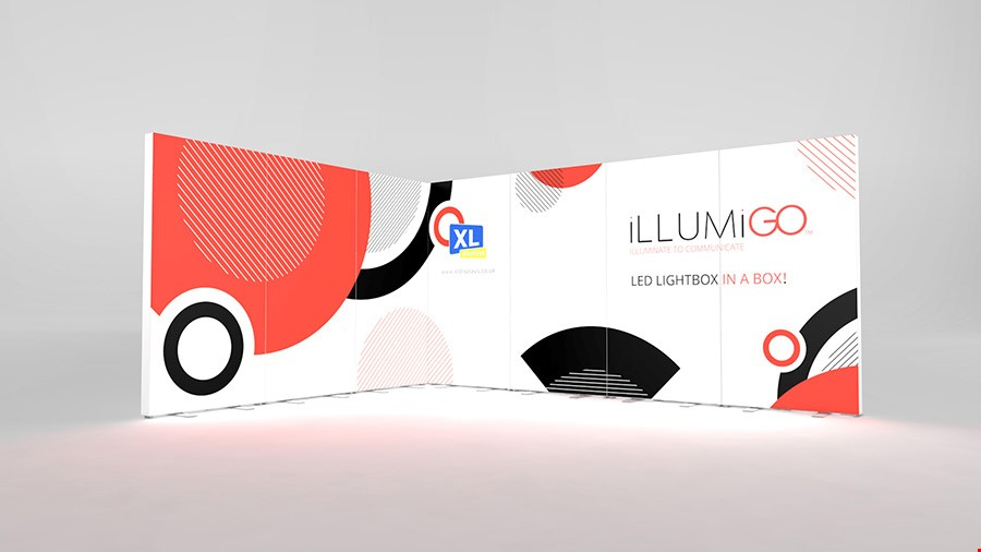 iLLUMiGO™ 4x3 L-Shaped Tension Fabric Lightbox Display With UV Printed Fabric Graphics