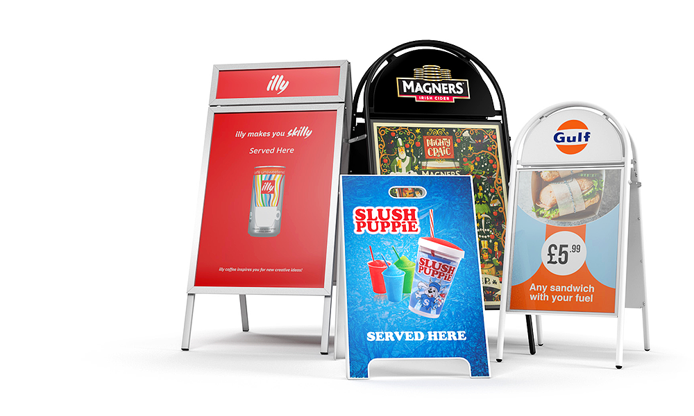 Wide range of A-Board and A-Frame Signs for outdoor advertising and promotions. Choice of sizes & styles with printed graphics. 