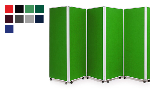 Mobile room dividers and partition screens which double up as freestanding display boards.