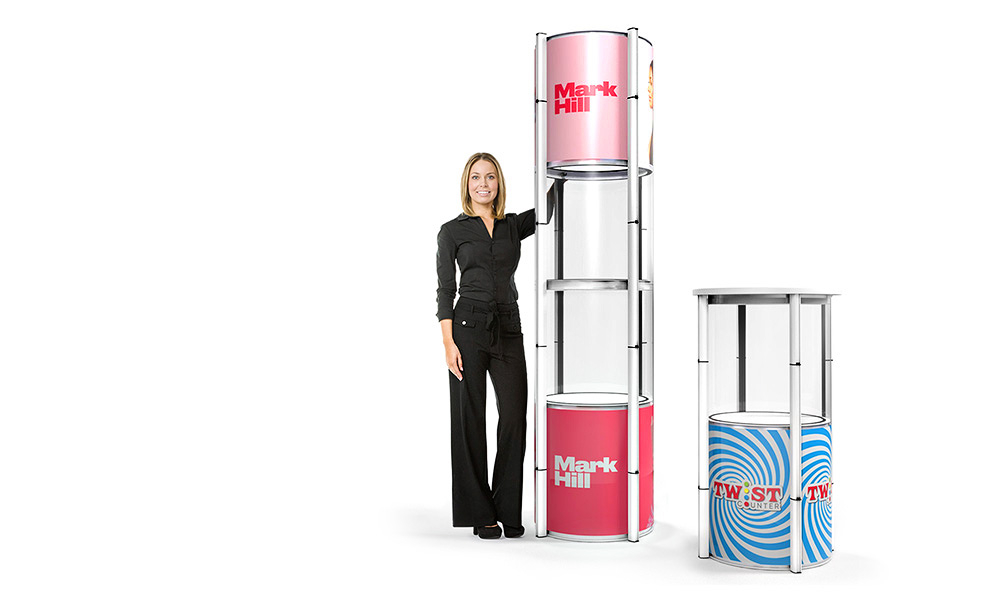 A selection of portable exhibition cabinets designed to showcase products at trade shows and events.