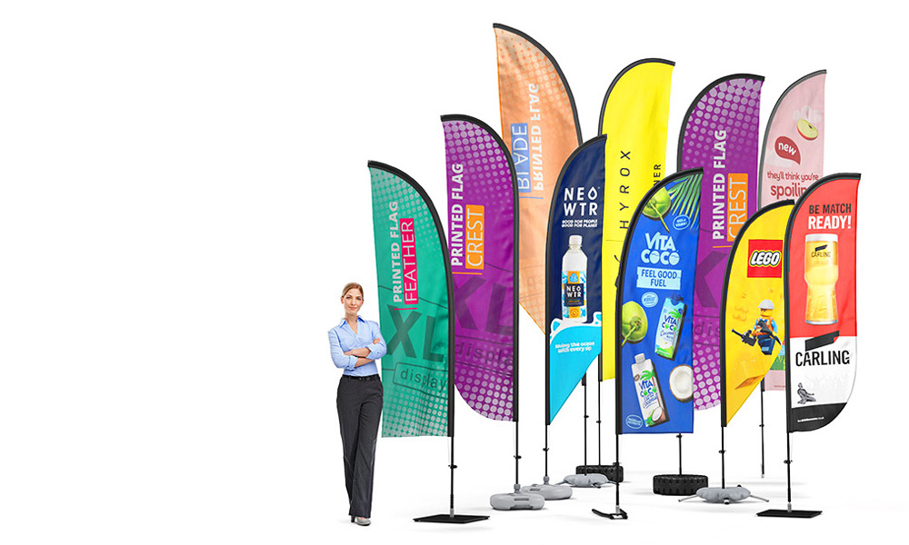 Feather Flags Available in 4 Sizes. Custom Printed Feather Banners With Choice of Seven Heavy-Duty Base Options.