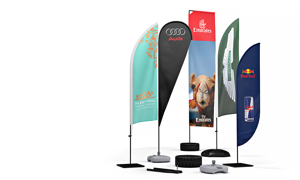 A wide range of printed flags - ideal for outdoor shows and events. Choice of heights, sizes and shapes.