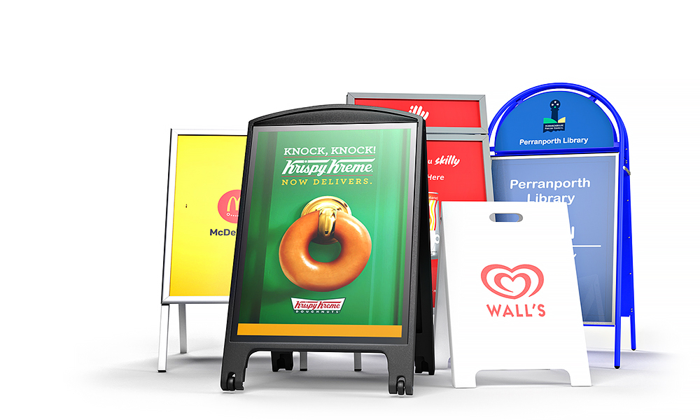Wide range of A-Board and A-Frame Signs for outdoor advertising and promotions. Choice of sizes & styles with printed graphics. 