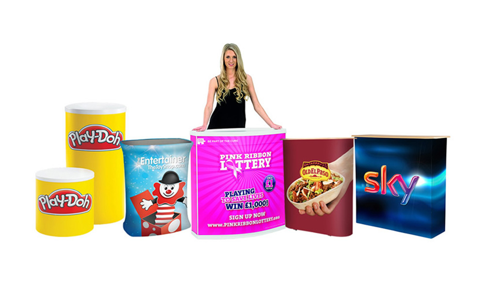 Our exhibition counters are available in a wide range of styles and sizes. Designed to create a professional meet and greet area for exhibitions and trade shows. 