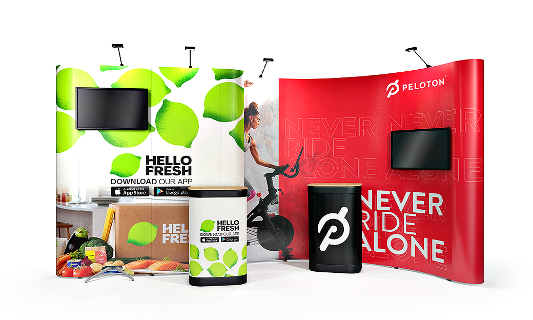 Pop Up Exhibition Stands with TV Stands and AV brackets for screens up to 60inches. Add digital media to your display to maximise your event branding. 