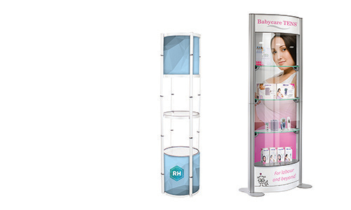 A selection of portable exhibition cabinets designed to showcase products at trade shows and events.