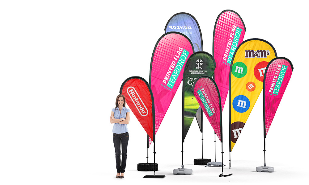 Teardrop Flags are Custom Printed With Your Branding, Choose From 4 sizes. Each Flag Includes a Choice of Bases With a Free Carry Bag.