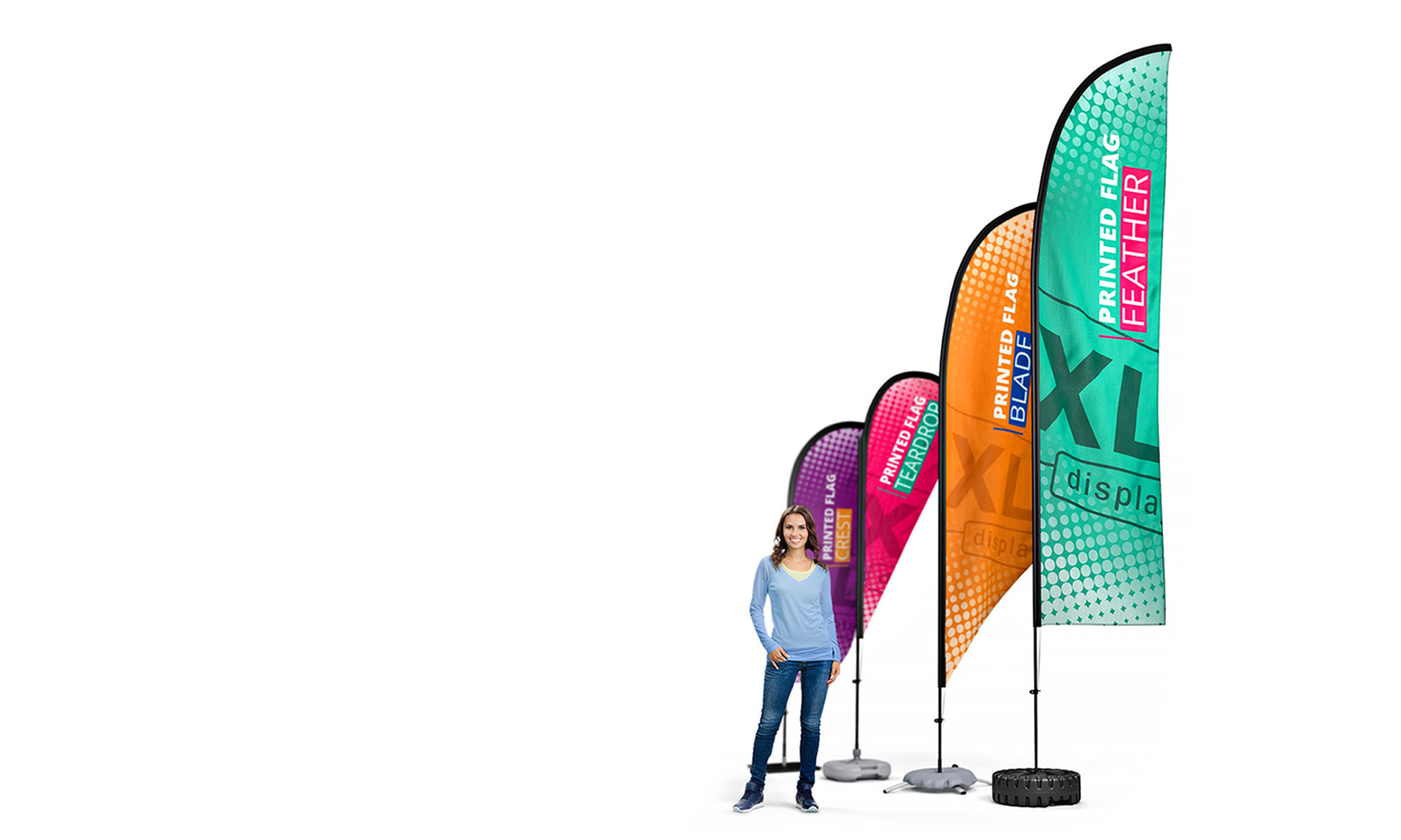 Feather Flags Available in 4 Sizes. Custom Printed Feather Banners With Choice of Seven Heavy-Duty Base Options.