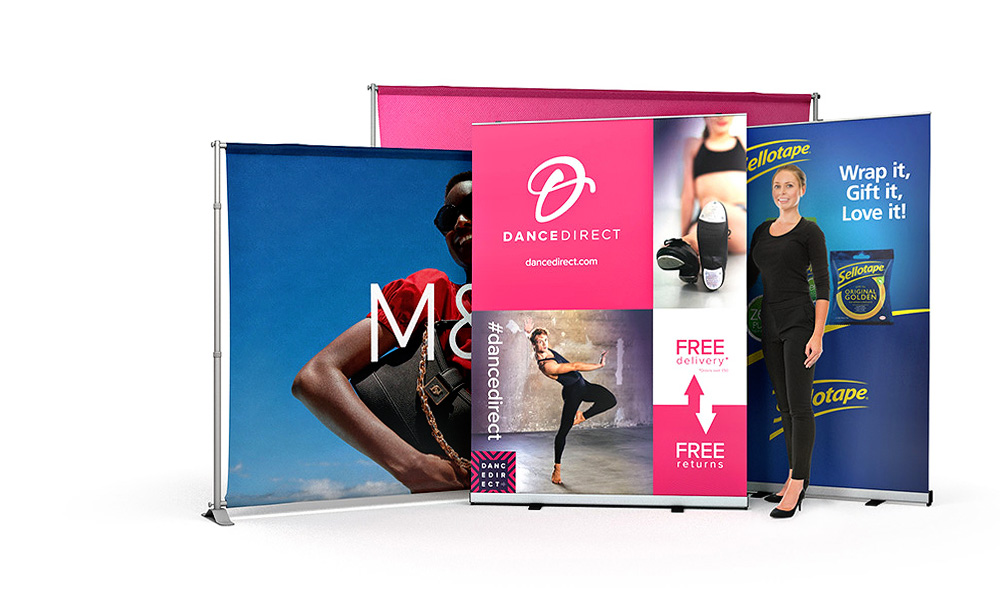 Our largest banner stands available in either extra wide format, extra tall format or both.