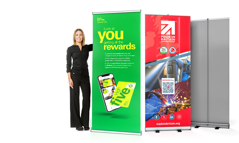 A wide range of easy to use pull up roller banners from £44 with fast UK dispatch.